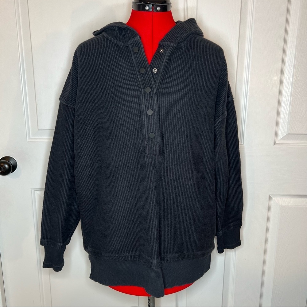 Offline by Aerie Textured Ribbed Henley Hoodie Black Oversized Women XS